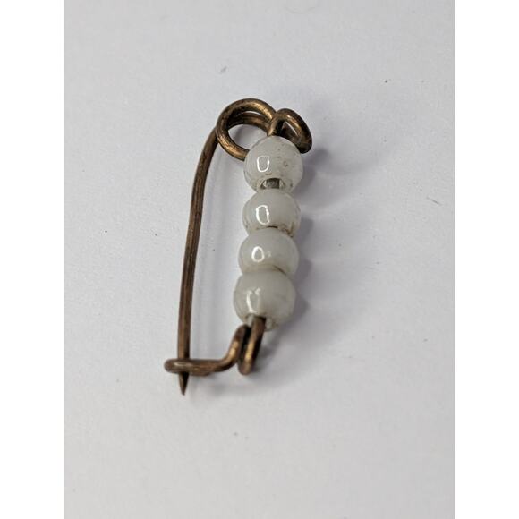 Antique Victorian Baby Pin w/ White Glass Beads – Handmade Brass Mini Pin - Picture 3 of 6